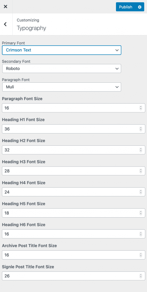 Theme Typography - Docs - Customizer Settings, Recipe Blogger Theme